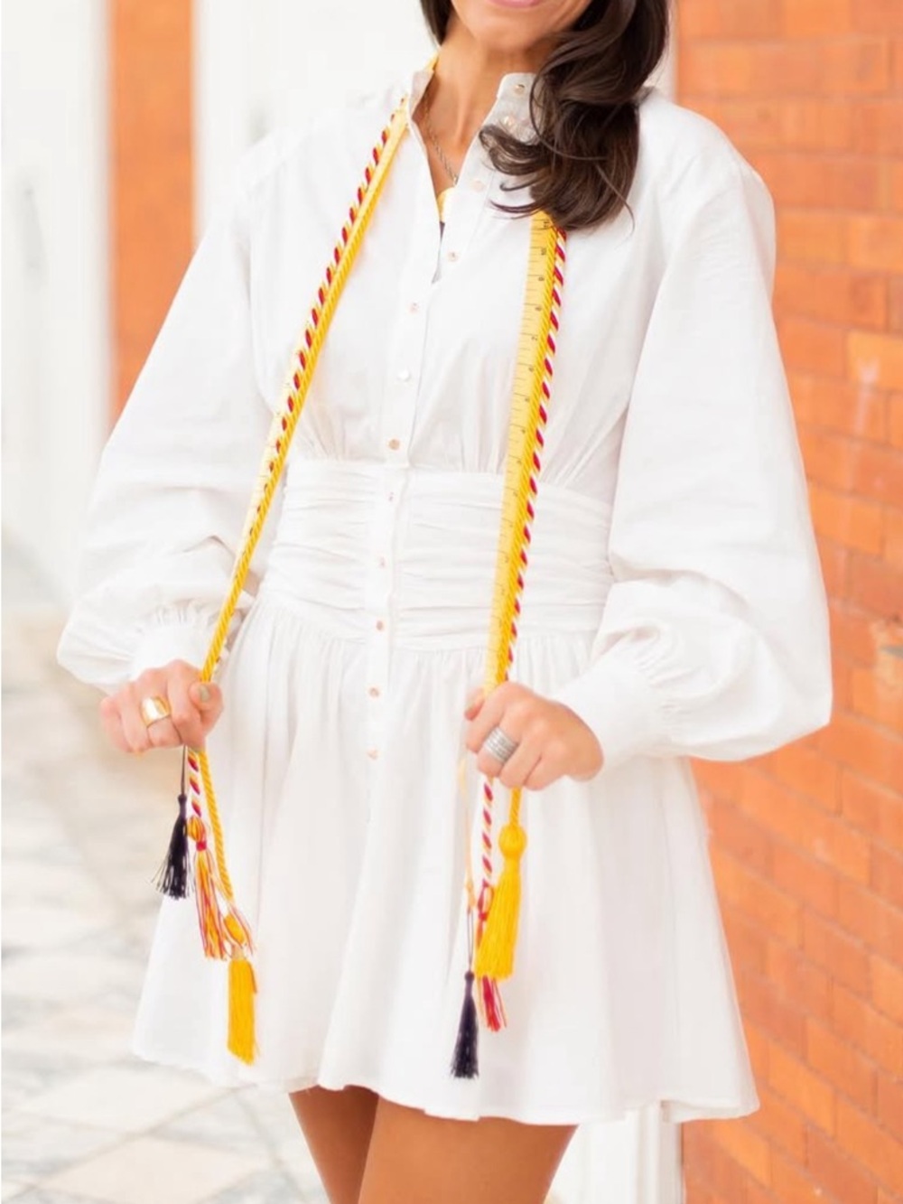 White Buttoned Mini Dress with Puff Sleeves